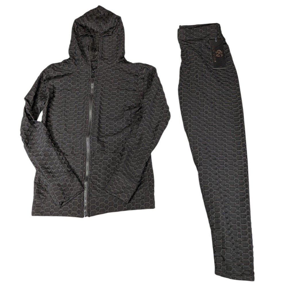 S Christina Coll Honeycomb Textured Activewear Set L/XL Charcoal Zip Hoodie